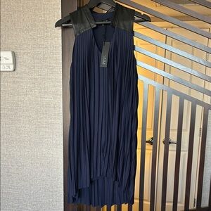 Elegant Navy Blue Dress with Black Leather Collar Accents